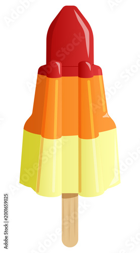 Foto Rocket Shaped Popsicle with Red Orange and Yellow Fruit Layers on a Wooden Stick