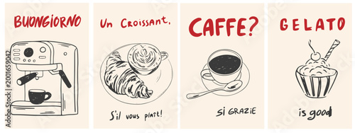 Hand drawn coffee posters. Chalk breakfast la dolce vita doodle print design in crayon drawing style for invitations, menus, parties. Minimalist line art. Vector illustration of croissant and coffee