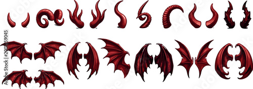 Comprehensive collection of red demon and devil horns and wings featuring various curved, spiraled, and leathery designs isolated on a clean white background.