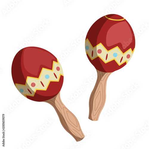 Mexican Traditional Maracas Isolated Illustration Red and Yellow Percussion Shakers with Decorative Pattern for Cinco de Mayo