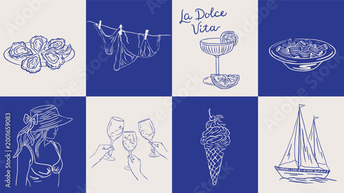 Hand drawn summer coastal. Mediterranean Dolce vita Italian style vacation. Amalfi Sicily beach holidays elements oysters, bikini, pasta, cocktail, ice cream for poster, placard, postcard prints