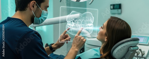 Male dentist shows 3d teeth scan to woman patient using virtual screen. Dental radiography concept. Modern dentistry and oral healthcare technology for clinic.