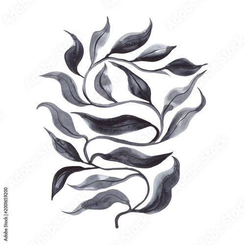 Hand Painted Abstract Watercolor Leaf. Monochrome Botanical Clipart Branch. Isolated black blue floral element on white background. Vector Illustration. Perfect for elegant design and wedding