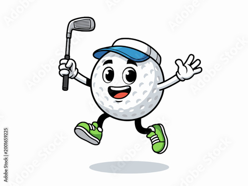 Golf Ball Mascot Running with Club on White Background Illustration