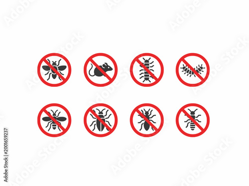 Pest control icon set with prohibited insect sign on white background