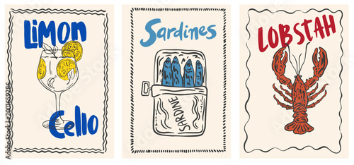 Hand drawn summer italian mediterranean posters. Dolce vita Italian style vacation. Amalfi Sicily holidays elements lobster, sardine, limoncello for poster, placard, postcard prints