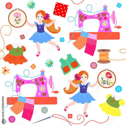 Beautiful seamless pattern with girls - embroiderers, sewing machines, clothing, buttons, spool of threads, needles. Handicraft collection