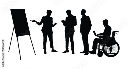 Diverse adult young business professionals including man employee worker with disability on wheelchair doing meeting with client black silhouettes.