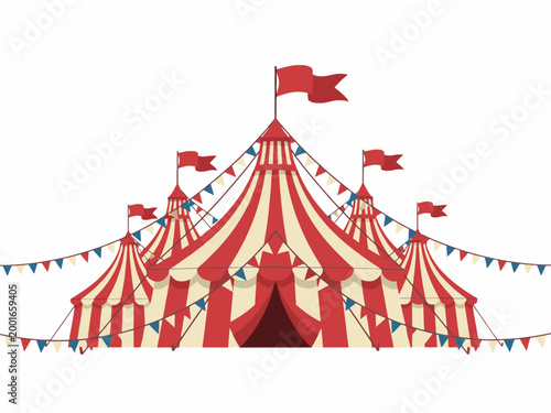 Red and white striped circus tent marquee with flags
