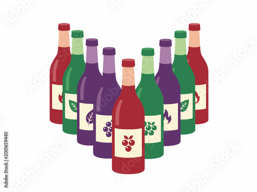 Colorful glass bottle collection with organic icon on white