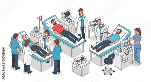 Isometric illustration of healthcare workers attending to patients in hospital beds, showing medical checkups and hospital registration, with a clean white background and conveying a sense
