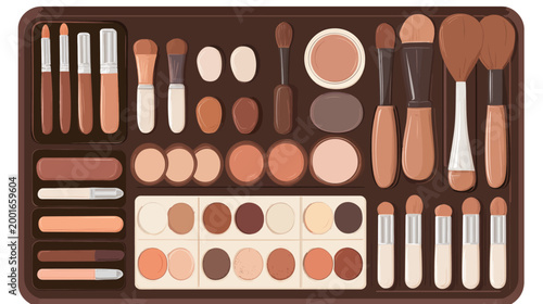 A detailed illustration of various makeup brushes, palettes, and applicators, arranged in a tray
