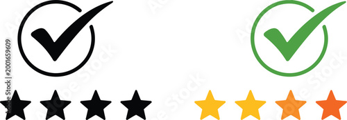 Approval indicator icon set, collection of checkmark symbols and star ratings showing approval quality review and feedback system for UI design.