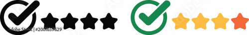 Approval indicator icon set, minimalist vector illustration comparing black and green checkmarks with star ratings for evaluation ranking and approval concept.