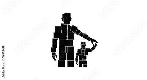 Black mosaic human figures, puzzle pieces, parent and child, geometric shapes, modern vector icons