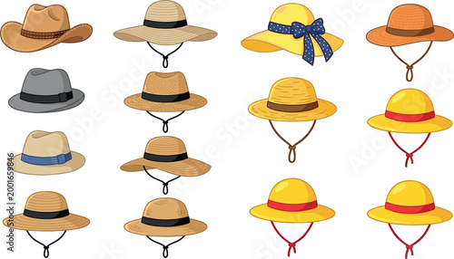 Comprehensive collection of sixteen summer hats featuring straw sun hats, cowboy hats, fedoras, and beach headwear in various styles and colors isolated on a white background.