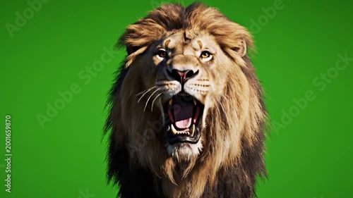 3D animation breathtaking CGI VFX majestic powerful African lion walks confidently and roar on chroma key green screen background.