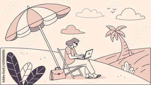 Business woman working on laptop sitting in a deck chair under a beach umbrella