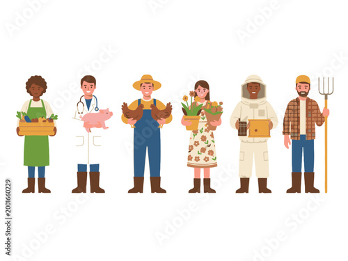 Agricultural workers holding livestock and produce vector illustration