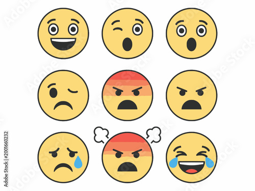 Yellow emoji face set expressing emotions on white background