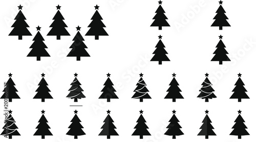 Set of Minimalist Black Christmas Tree Silhouettes with Star Toppers for Winter Holiday Graphic Design and Festive Vector Celebration Element Projects