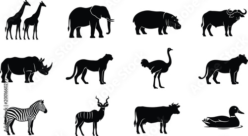 Set of African wildlife and domestic animal silhouettes including giraffe, elephant, lion, zebra, cow, and duck