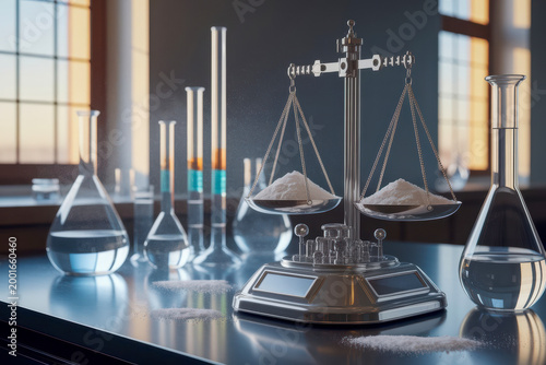 A laboratory scene featuring a balance scale weighing white powder, surrounded by glass flasks and test tubes filled with liquids.