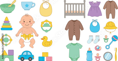 Comprehensive set of cartoon baby illustrations including an infant, toys, clothes, furniture, and feeding essentials isolated on a clean white background.