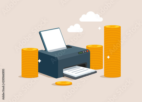 Jet or laser printer with gold dollar coins. Flat vector illustration