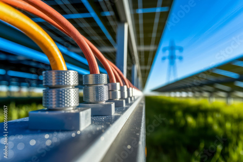 Close-up of colorful fiber optic cables connected to equipment under a solar panel installation on a sunny day.