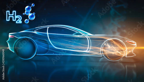 High speed hydrogen sport car concept with glowing H2 symbol and dynamic light trails representing fast clean energy transport