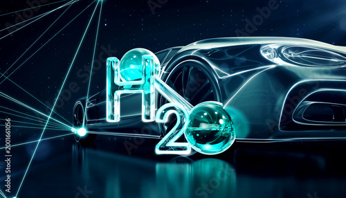 Close up of futuristic luxury car with glowing H2O water molecule symbol and digital network representing clean hydrogen technology