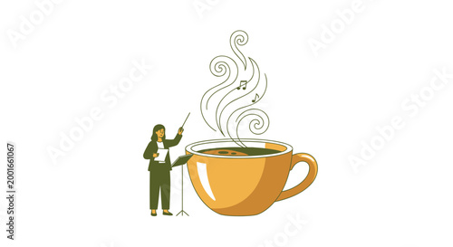 Coffee, steaming cup, woman with crutch, vector illustration, disability, cafe, hot drink