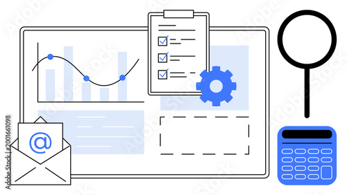 Data analysis, productivity, office management, financial planning, email communication, decision-making. Graph, clipboard email icon calculator and magnifying glass. Data analysis
