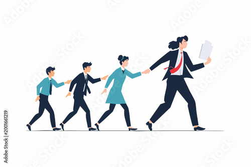 Business leader guiding team in a chain forward, symbolizing teamwork
