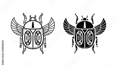 Egyptian scarab beetle symbol with wings in outline and solid black vector style for archaeological and cultural design elements