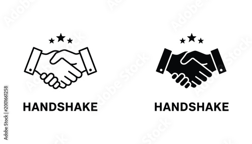 Handshake icon with three stars above in outline and solid black vector style for business partnership and professional agreement branding