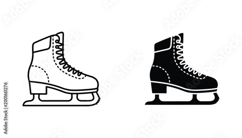Ice skate boot icon with blade in outline and solid black vector style for winter sports and ice skating rink branding