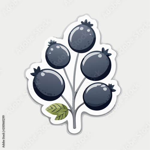 Stylized illustration of dark berries on a branch with leaves
