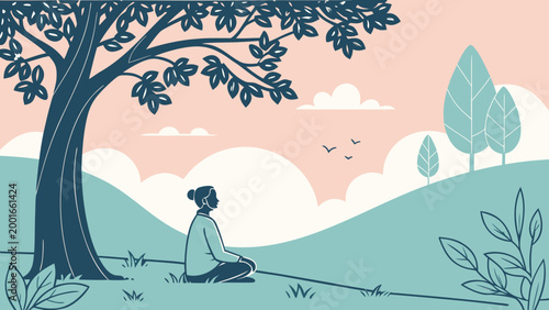 Woman meditating in a peaceful green park under a large tree during a sunset