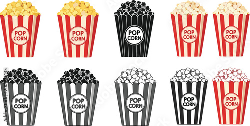 Flat design popcorn bucket icon set in red black and white striped boxes representing cinema movie theater snack and entertainment food symbols