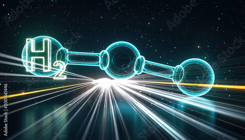 Dynamic glowing H2 hydrogen molecule symbol hovering over converging light trails representing future clean energy technology and power transmission