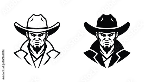 Cowboy character portrait illustration in line and solid black styles for western themed games and branding