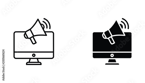Digital marketing concept with computer screen and megaphone icon in line and solid black styles for business promotion