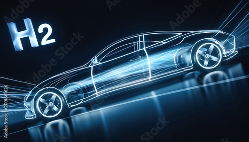 Blueprints of hydrogen fuel cell car with glowing H2 symbol and energy flow lines on dark background