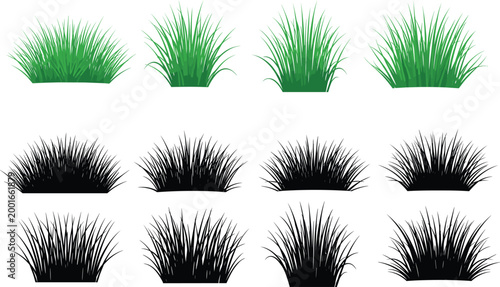 Set of green grass and black silhouette bushes isolated collection for landscaping design natural vegetation elements