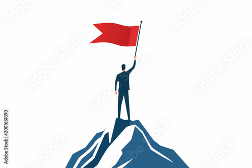 Man on mountain peak holding a red flag, celebrating success