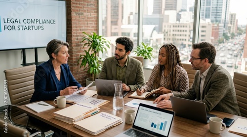 Professional business people consulting with a legal advisor in a modern office setting.