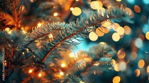 Close-up of evergreen pine needles with warm golden fairy lights and dreamy blue bokeh