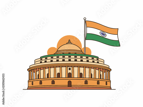 India Parliament Sansad Bhavan building with waving national flag